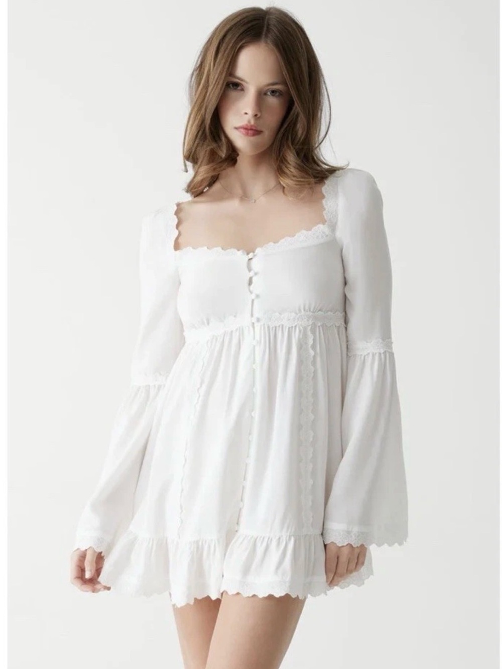 Frankie's Bikinis White Square-Neck  Lace-Trim Mini Dress